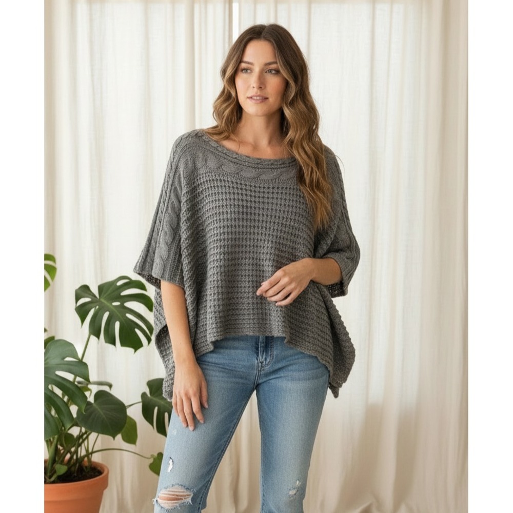 Mak B‎ Womens S M Poncho Sweater Gray Oversized Boho Cottage Goblin Cozy Rustic